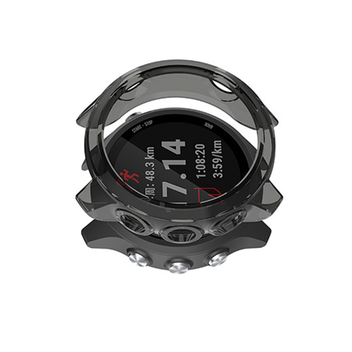 Uno smartwatch nero mostra dati di corsa: 7,14 km, tempo 1:08:20 e passo 3:59/km. L'orologio ha una cover protettiva trasparente.