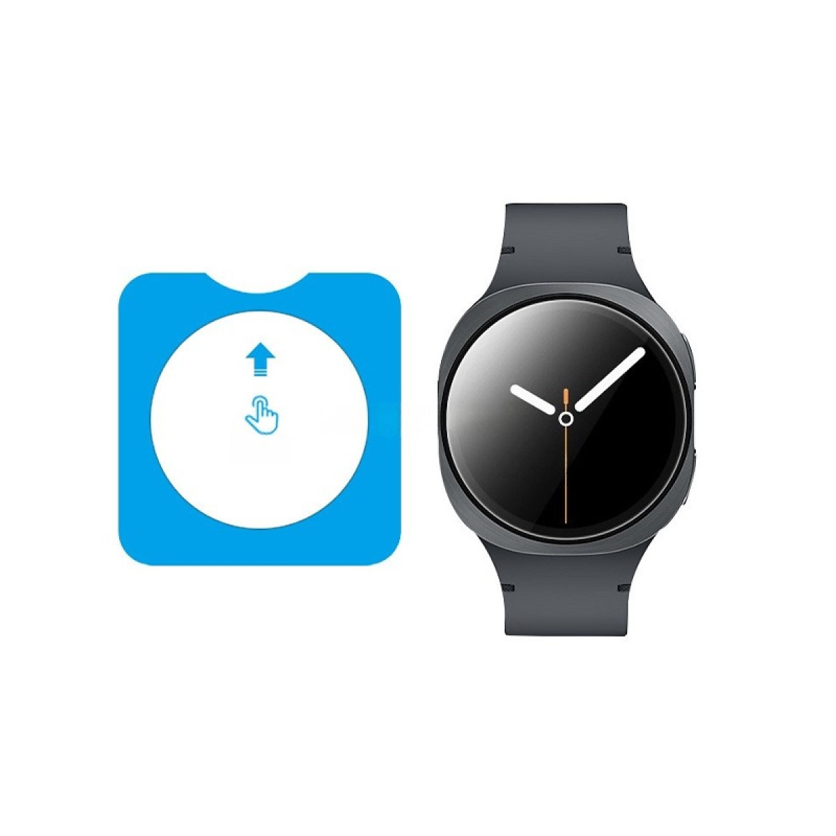 Uno smartwatch con schermo nero e lancette bianche. Un quadrato blu con un cerchio bianco e un'icona a freccia.
