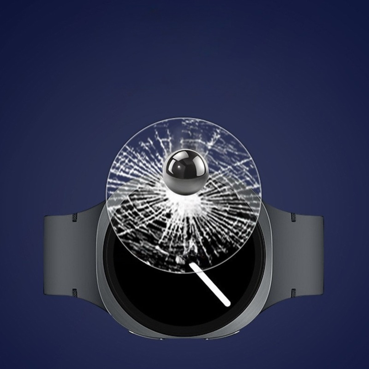 Uno smartwatch con una protezione schermo rotta e una sfera di metallo. Lo sfondo è un gradiente blu scuro.