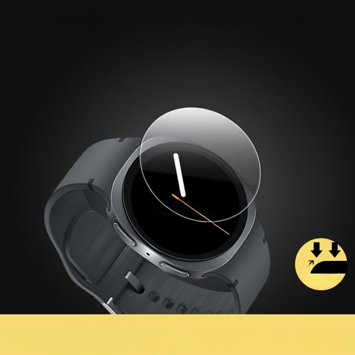 Smartwatch con protezione schermo. L'orologio è grigio scuro con schermo nero. Sopra lo schermo è visibile una protezione trasparente.