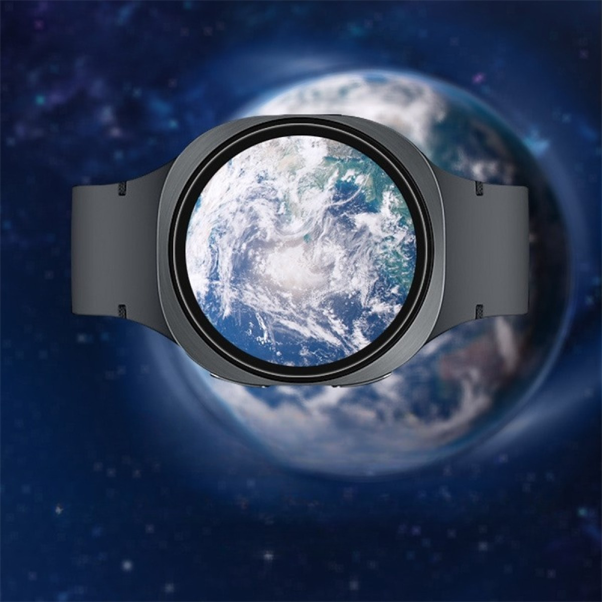 Uno smartwatch mostra la Terra. L'orologio è nero con cinturino grigio. Lo sfondo mostra lo spazio con la Terra sfocata.