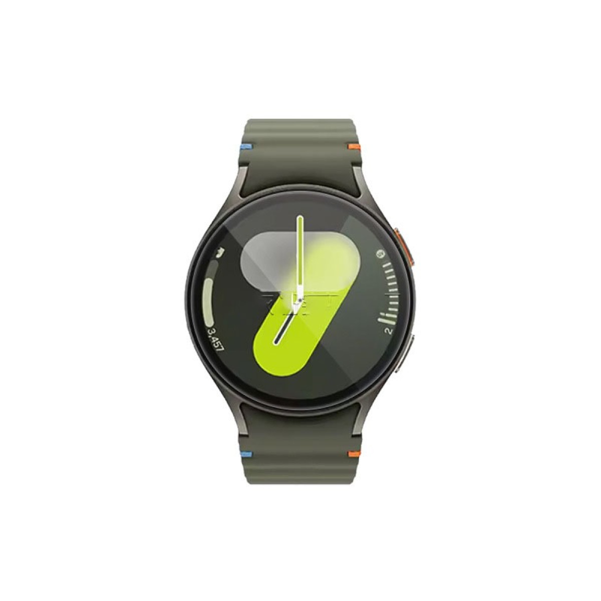 Uno smartwatch con cinturino verde e quadrante grigio scuro. L'orologio mostra un 9 verde brillante e una lancetta.