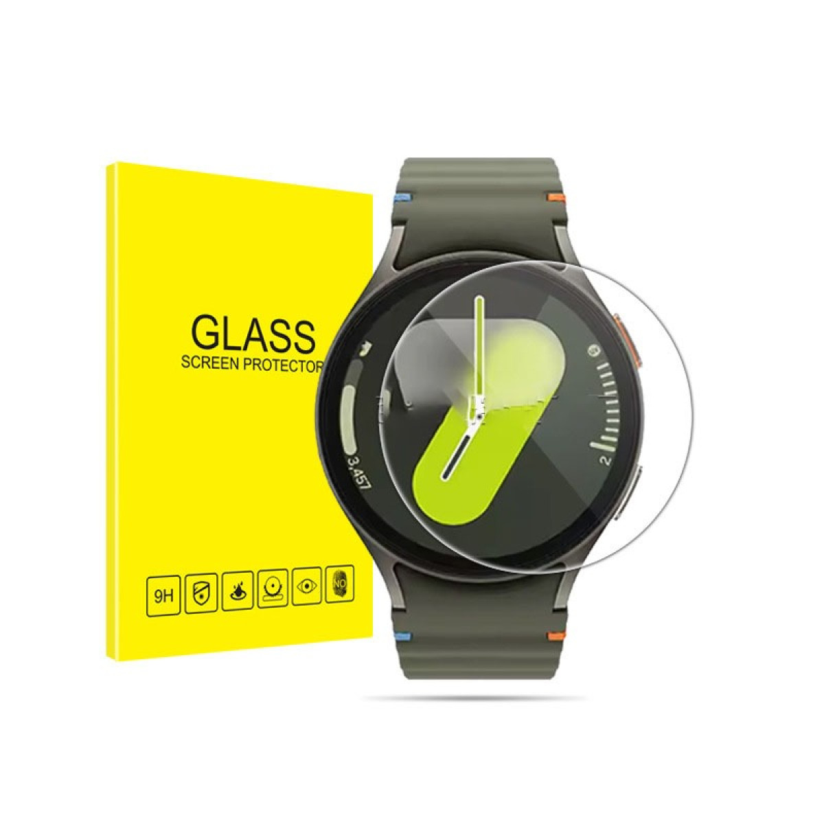 Uno smartwatch con una protezione per lo schermo e una scatola gialla di protezione per lo schermo. L'orologio è verde.
