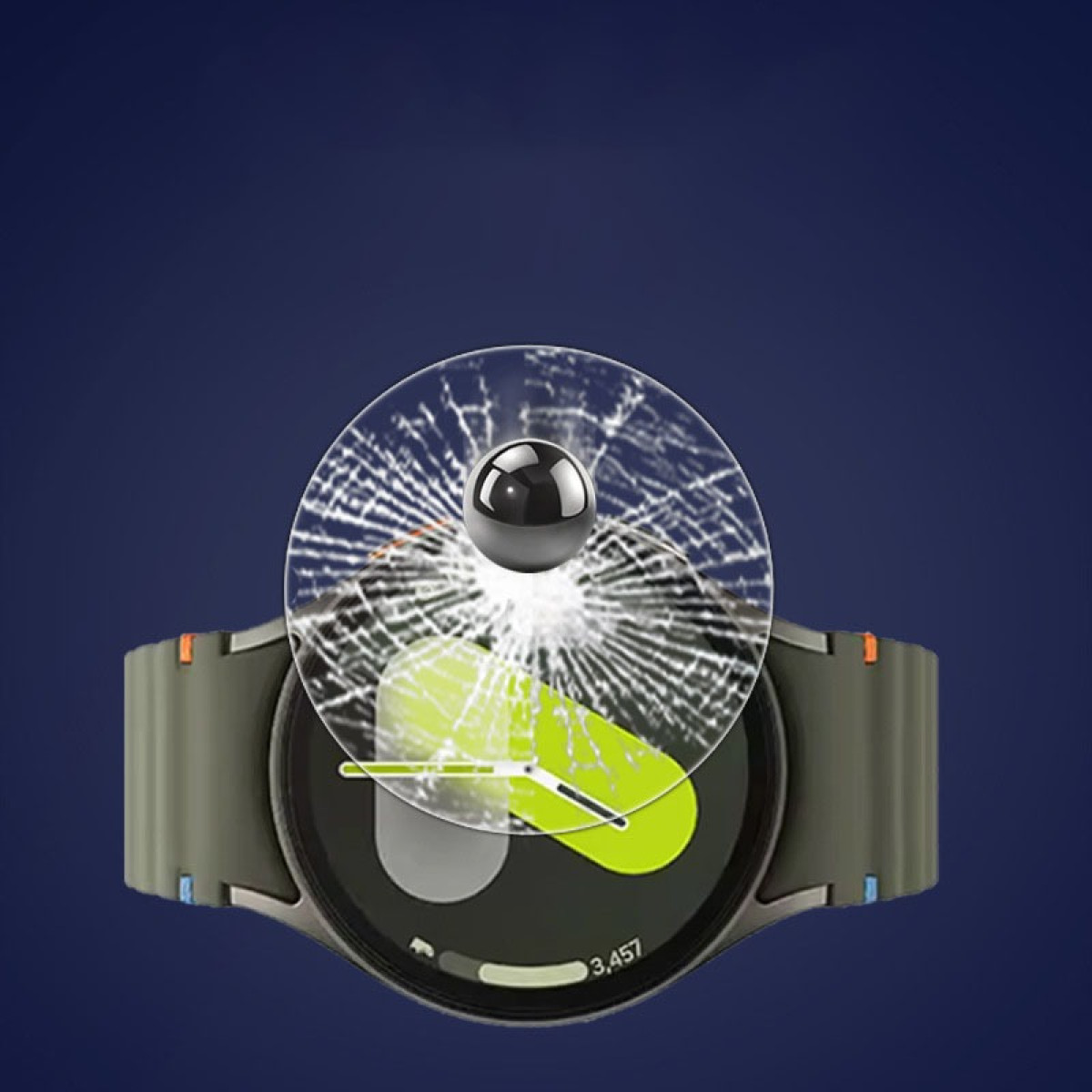 Uno smartwatch con una protezione schermo rotta. Una sfera fluttua sopra il quadrante. L'orologio mostra il livello della batteria.