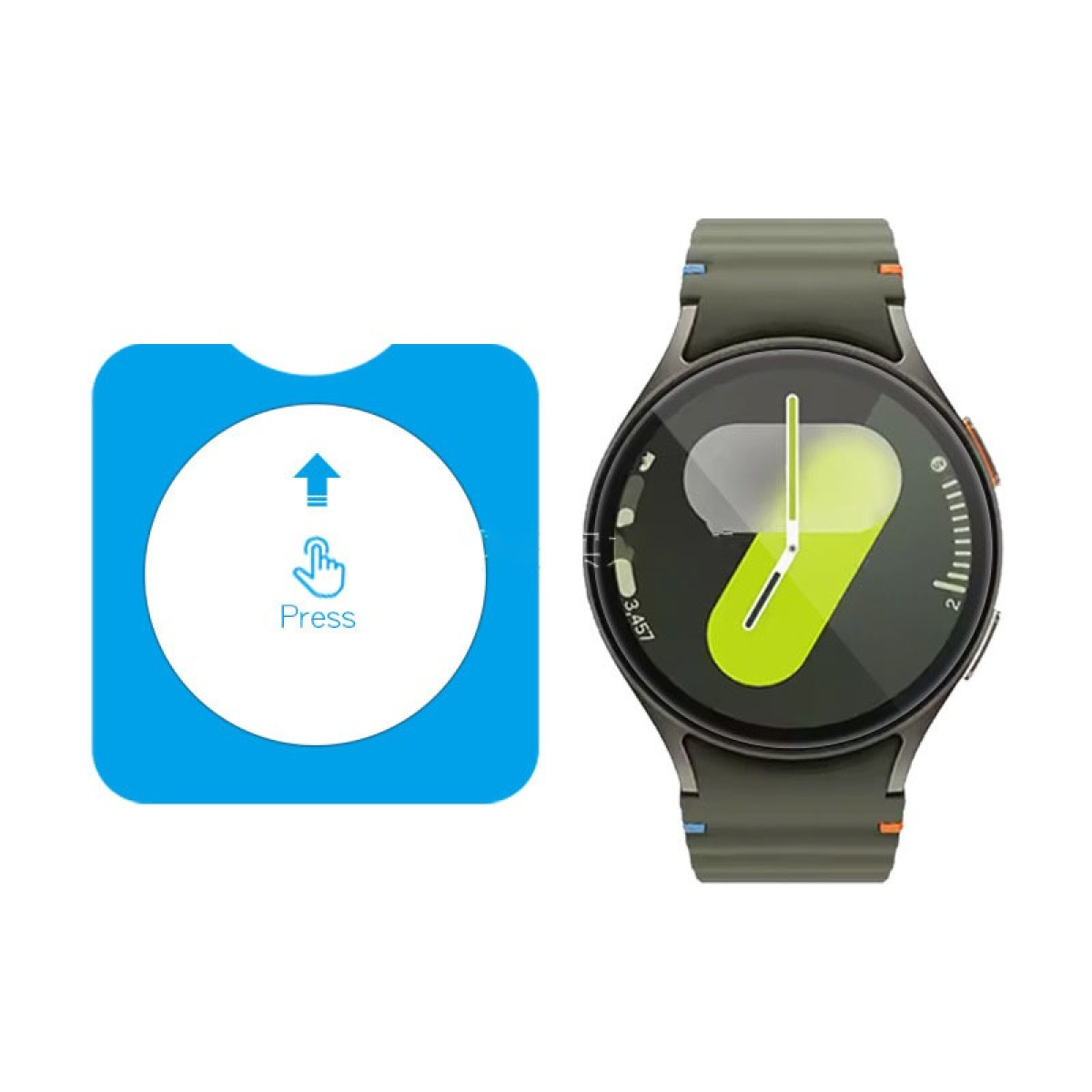 L'immagine mostra uno smartwatch e una scheda blu. La scheda ha un cerchio bianco con una freccia verso l'alto e un'icona della mano.