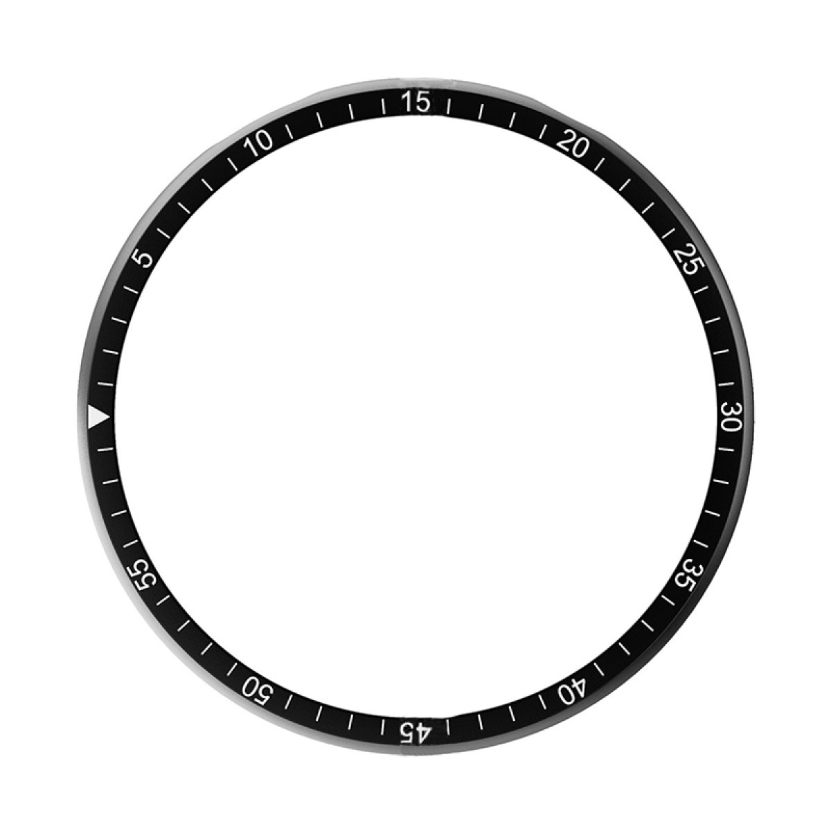 Eine kreisförmige Uhrenlünette mit Zahlen und Markierungen. Die Zahlen sind in 5er-Schritten, mit kleinen Linien dazwischen. Weißer Hintergrund.