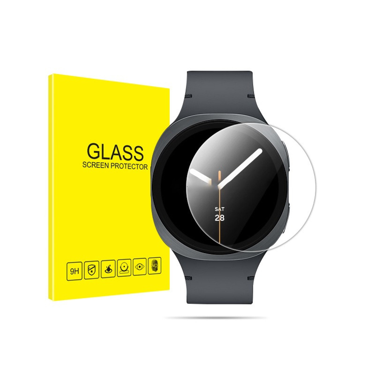 Uno smartwatch con una protezione per lo schermo e una scatola gialla con l'etichetta 'GLASS SCREEN PROTECTOR'.