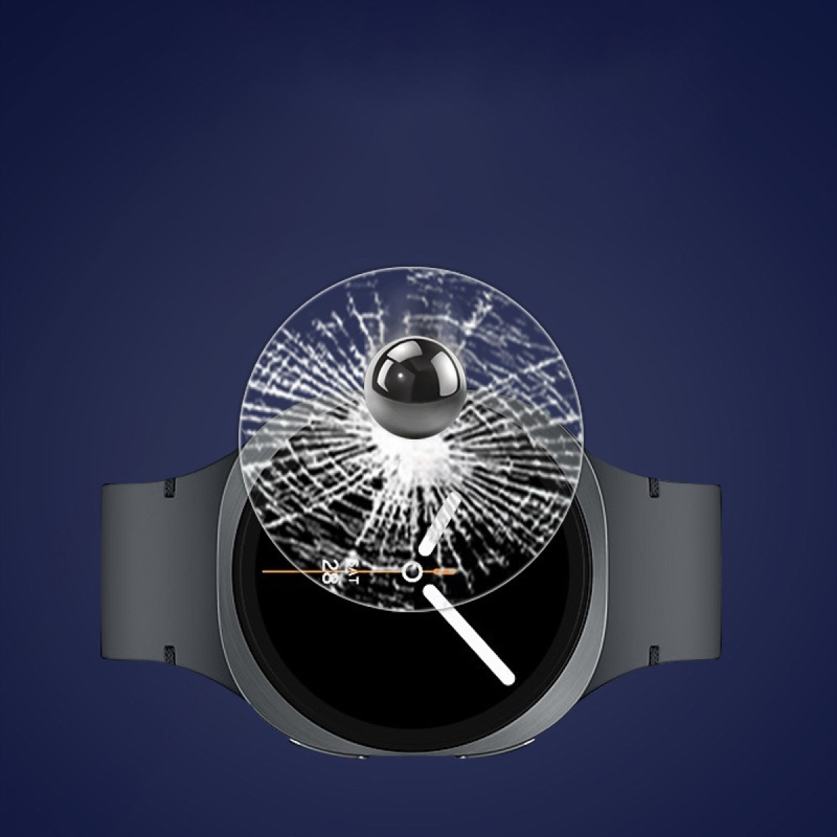 Uno smartwatch con una protezione schermo rotta e una sfera fluttuante sopra, su sfondo blu.