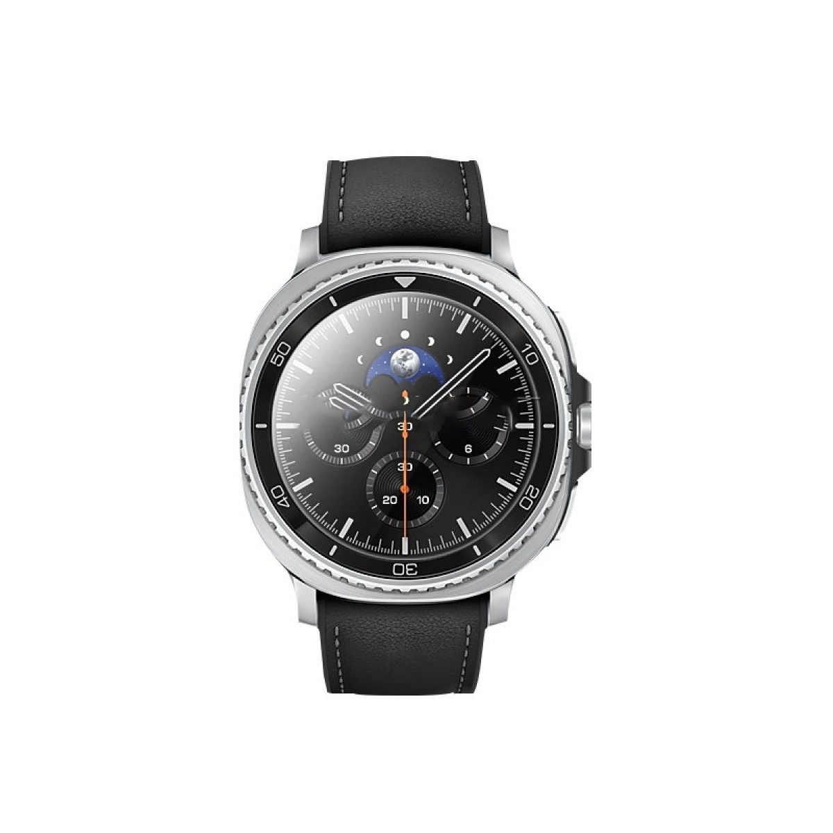 Uno smartwatch rotondo con quadrante nero, lunetta argentata e cinturino in pelle nera. Il quadrante mostra numeri e fasi lunari.
