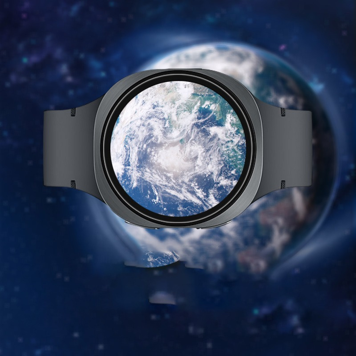 Uno smartwatch mostra la Terra su uno sfondo spaziale. L'orologio è nero con uno schermo circolare, che mostra una vista della Terra.