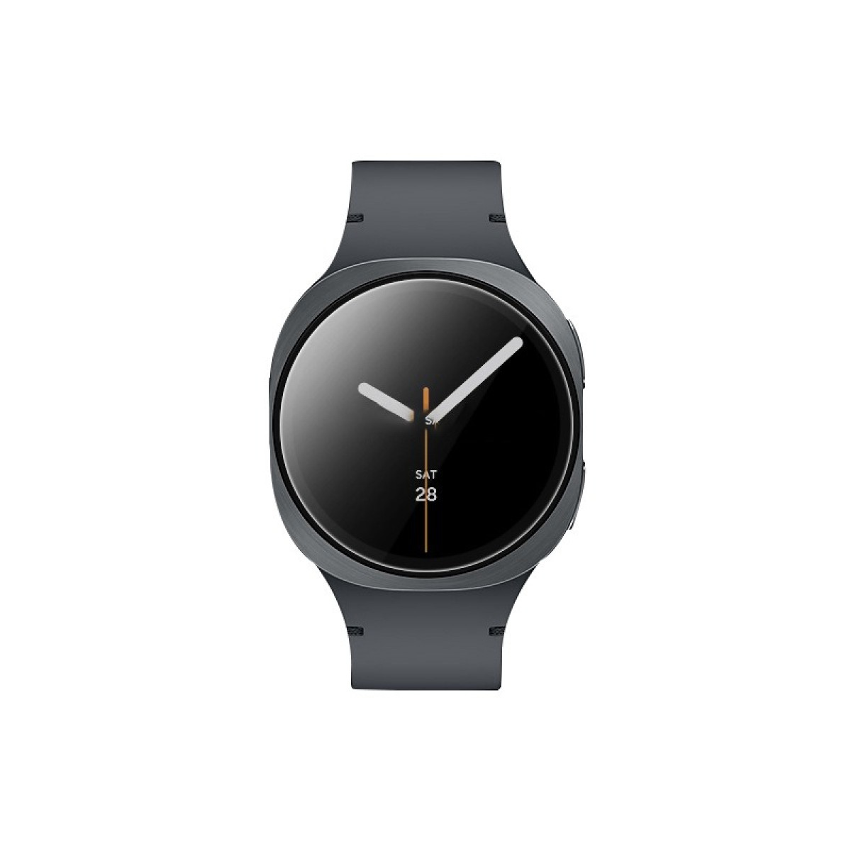 Smartwatch grigio scuro con schermo nero che mostra la data. L'orologio ha un quadrante rotondo e un cinturino grigio scuro.