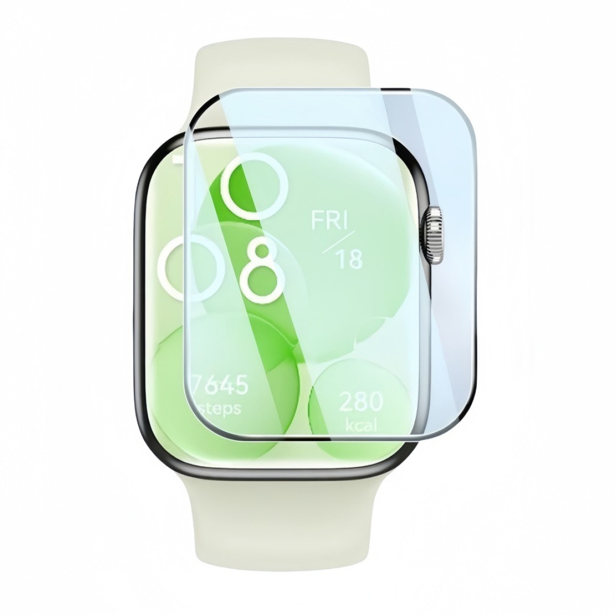 Un proteggi schermo per smartwatch con display verde chiaro che mostra ora, data, passi e calorie. L'orologio è bianco sporco.