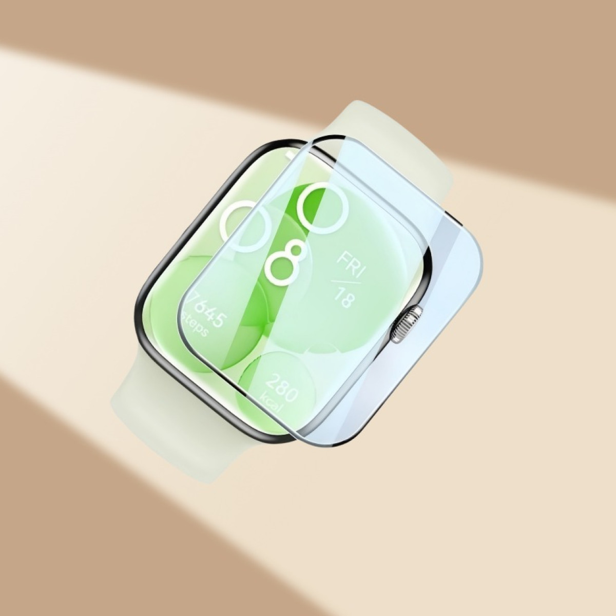 Uno smartwatch con display verde chiaro mostra dati come passi e calorie. Ha un cinturino bianco e uno strato protettivo sopra.