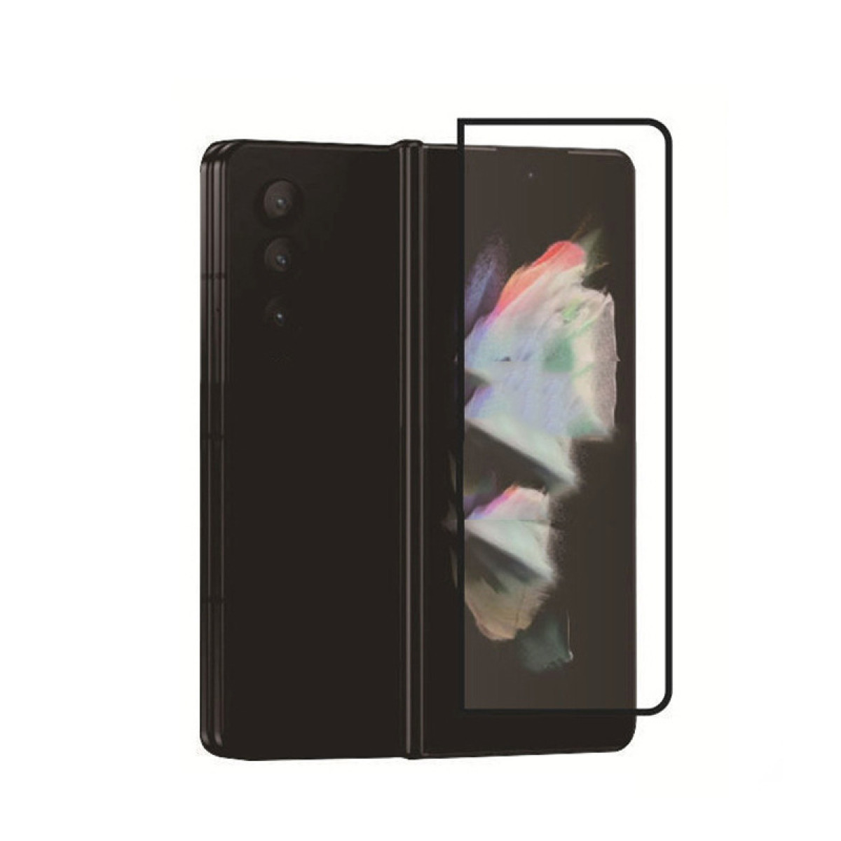 Uno smartphone pieghevole nero è mostrato, parzialmente aperto. Lo schermo mostra un'immagine astratta colorata. È visibile una cornice protettiva.