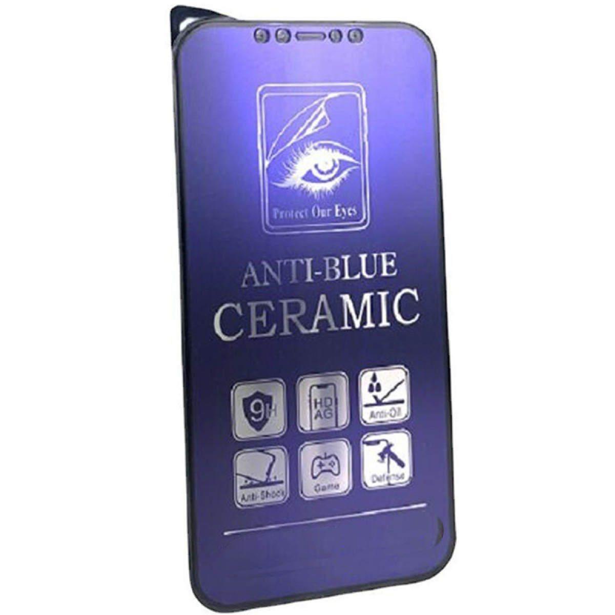 Un proteggi schermo blu con testo 'ANTI-BLUE CERAMIC'. Sono visibili icone delle funzioni di protezione.