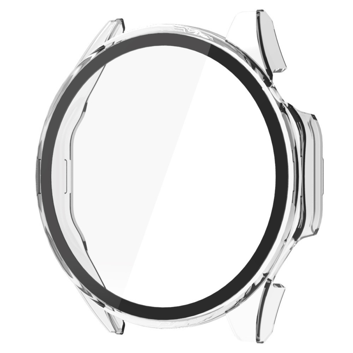 Custodia trasparente per orologio. Design circolare con bordo nero. Realizzata in plastica trasparente, per proteggere il quadrante.