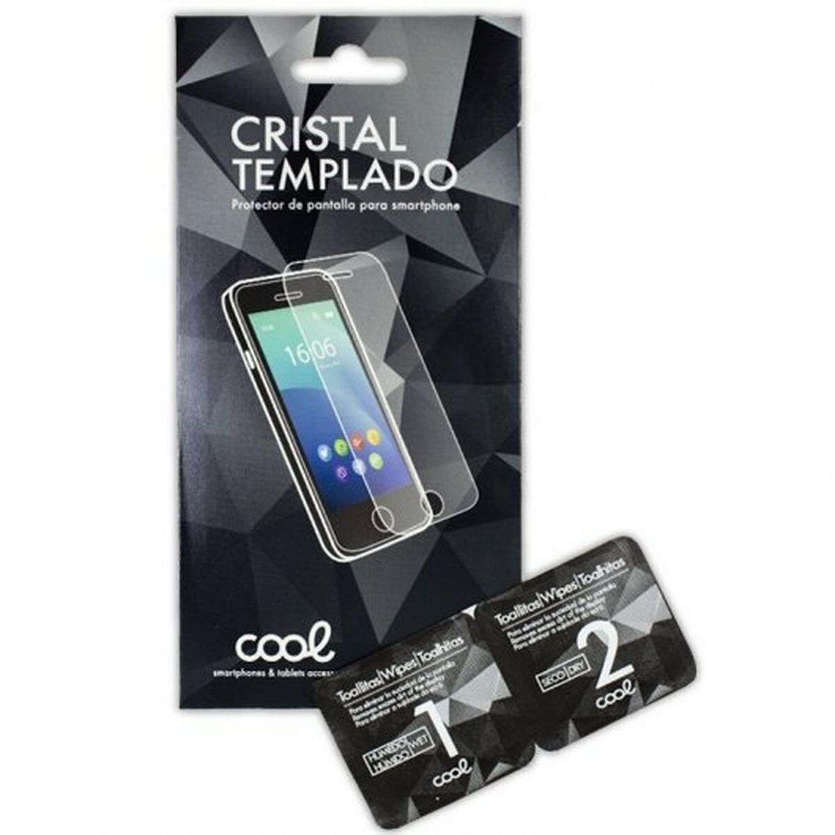 Un kit di protezione dello schermo per smartphone. Include protezione, salviette e confezione con testo in spagnolo.