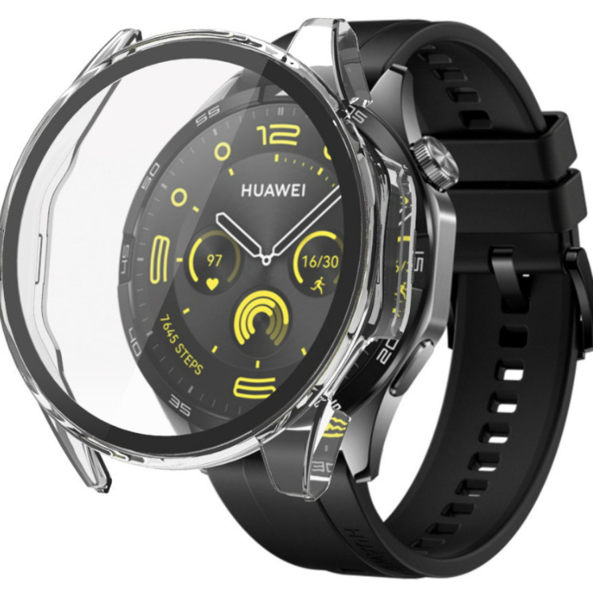 Uno smartwatch Huawei con custodia protettiva trasparente. L'orologio ha un cinturino nero e un display nero e giallo.