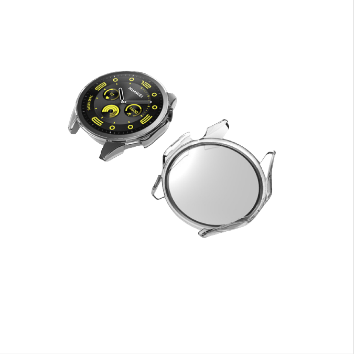 Due smartwatch. Uno mostra l'ora, l'altro ha una copertura trasparente. Entrambi su sfondo bianco.