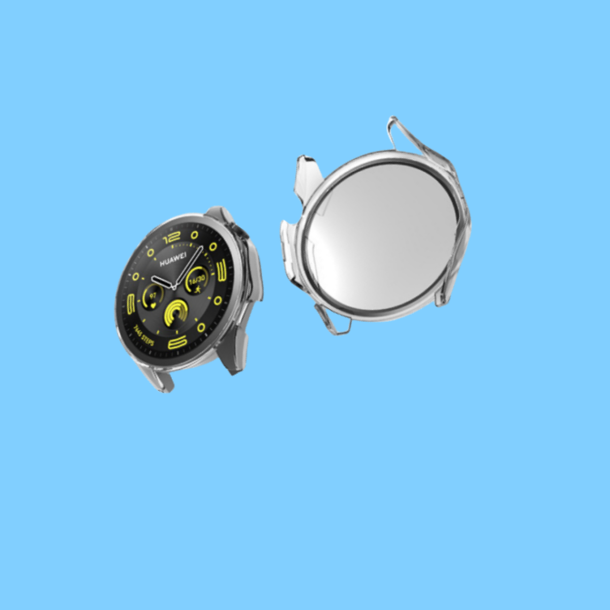 Due smartwatch su sfondo blu. Uno mostra ora e passi, l'altro ha la cornice staccata.