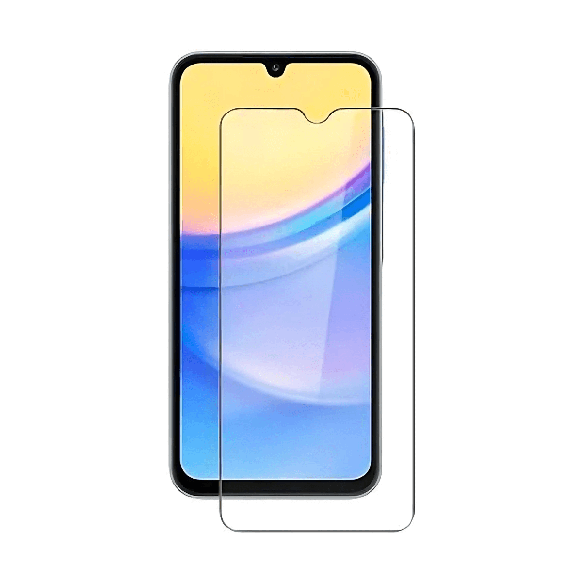 Uno smartphone con protezione schermo. Il telefono ha un notch per la fotocamera frontale. Lo schermo mostra uno sfondo colorato.