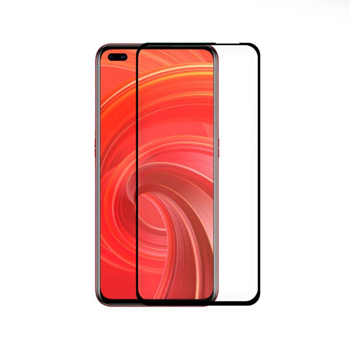 Uno smartphone con protezione schermo. Lo schermo mostra un design astratto rosso e arancione. La protezione è a destra.