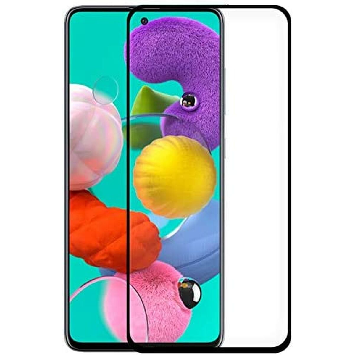 Un proteggi schermo con forme colorate. Sono visibili forme viola, gialle, arancioni e rosa. Il proteggi schermo è su uno schermo con bordi neri.