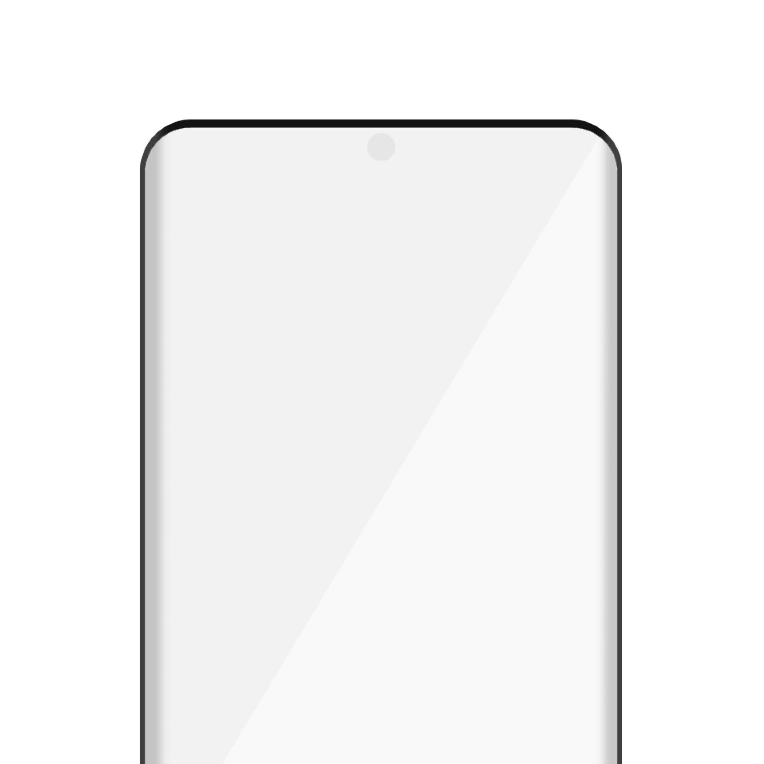 Uno schermo di smartphone con angoli arrotondati. Ha una fotocamera in alto. Lo schermo è bianco.