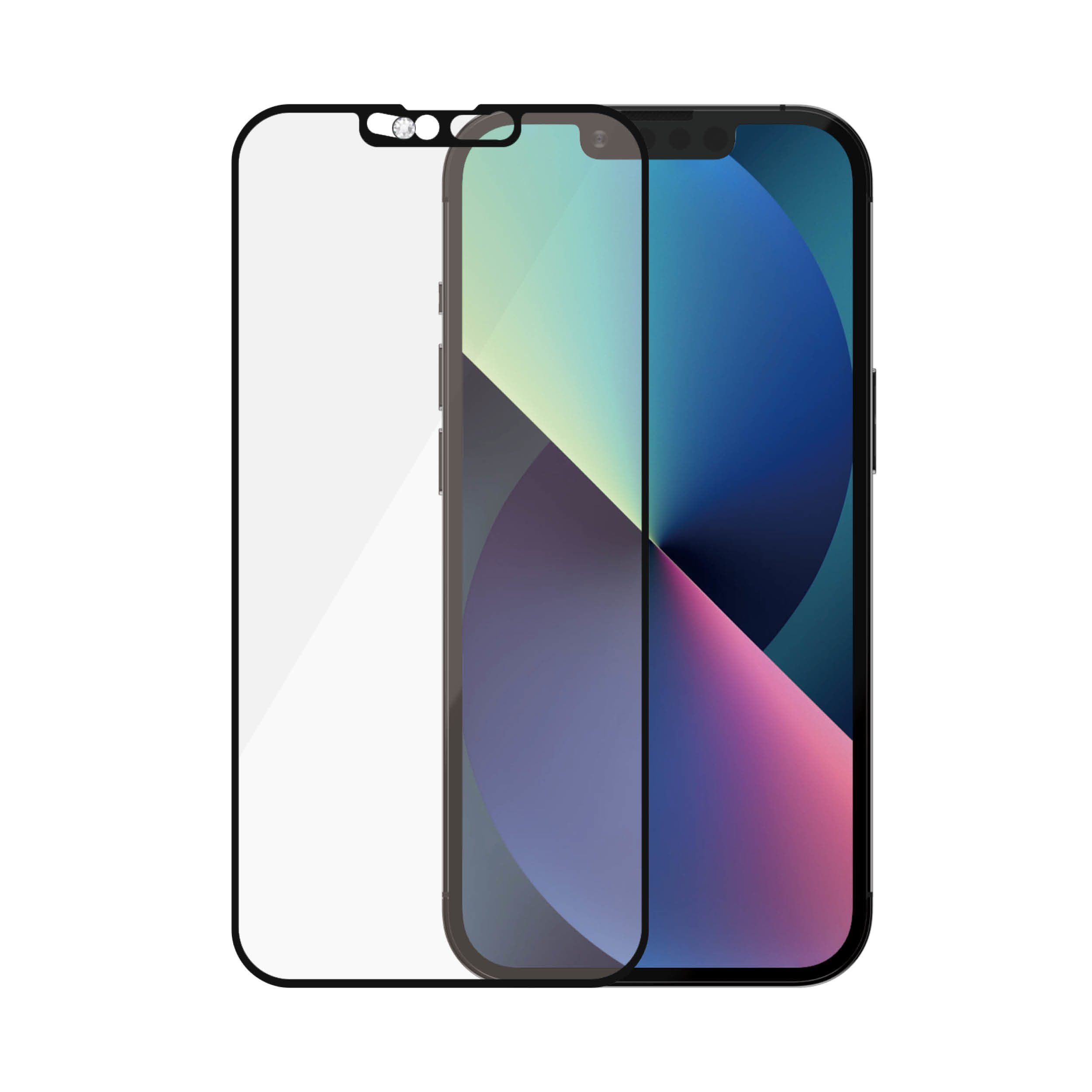 Un iPhone con protezione schermo. La protezione è a sinistra, il telefono a destra.