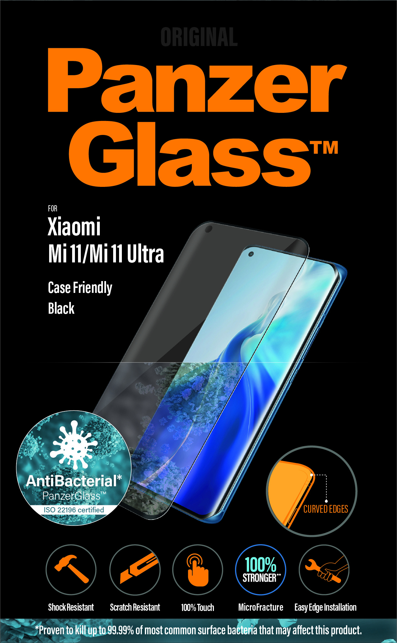 Protecteur d'écran PanzerGlass noir pour Xiaomi Mi 11 Ultra. Antibactérien, bords incurvés et 100 % plus résistant.