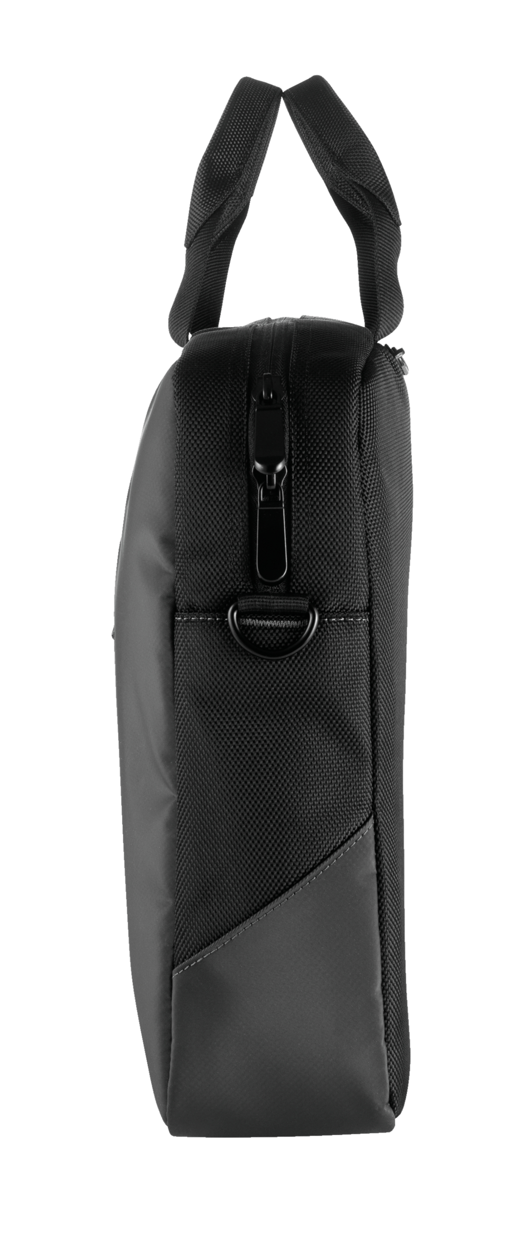 Una borsa nera per laptop con manico e cerniera. Su sfondo bianco. La borsa ha un design strutturato.