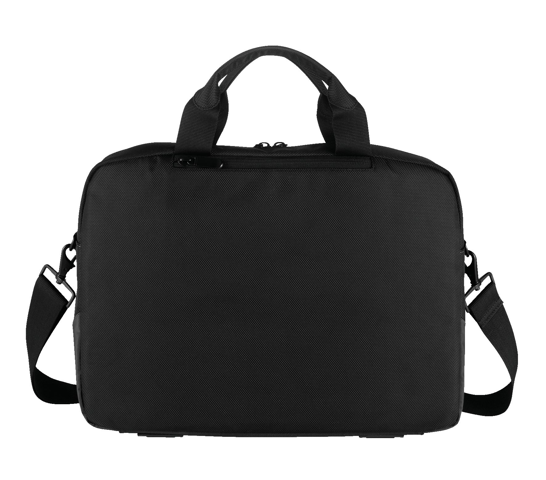 Una borsa nera rettangolare con manici e tracolla. È su sfondo bianco. La borsa ha una cerniera.