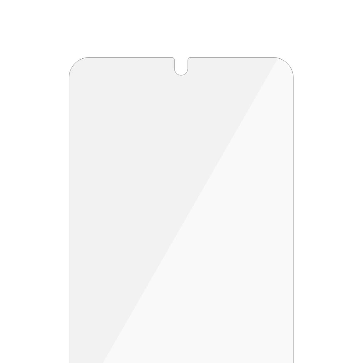 Un protecteur d'écran rectangulaire transparent avec des coins arrondis et une encoche en haut. Le protecteur est transparent.