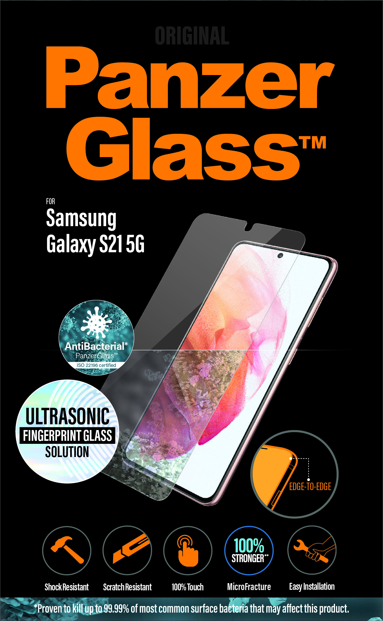 Protection d'écran PanzerGlass pour Samsung Galaxy S21 5G. Caractéristiques : antibactérien, empreinte digitale ultrasonique et couverture bord à bord.