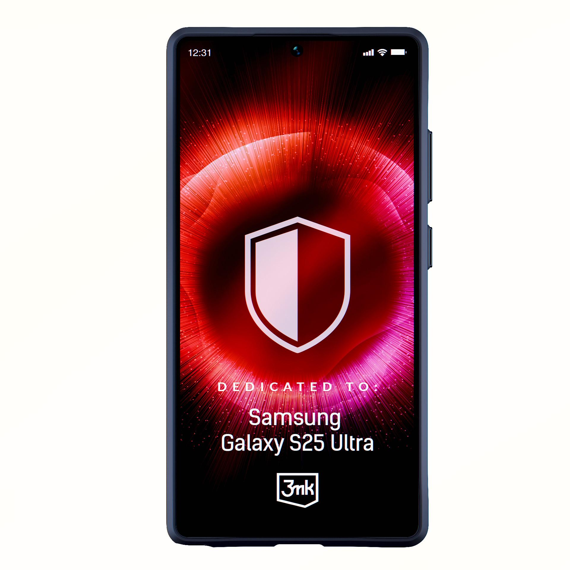 Ekran smartfona z logo tarczy na czerwonym tle, promujący Samsung Galaxy S25 Ultra.