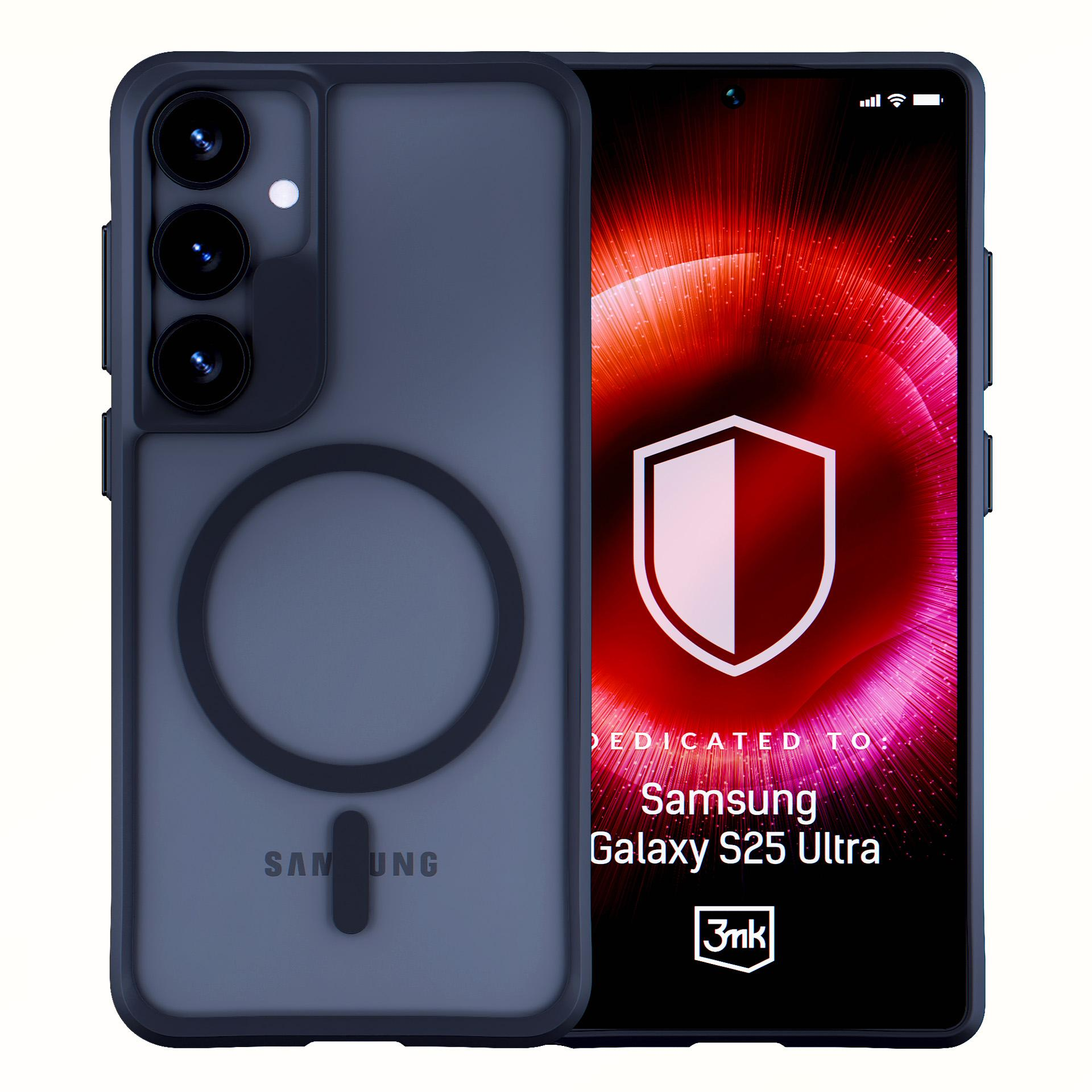 Telefon w etui. Ekran wyświetla logo tarczy. Etui ma magnetyczny okrąg.