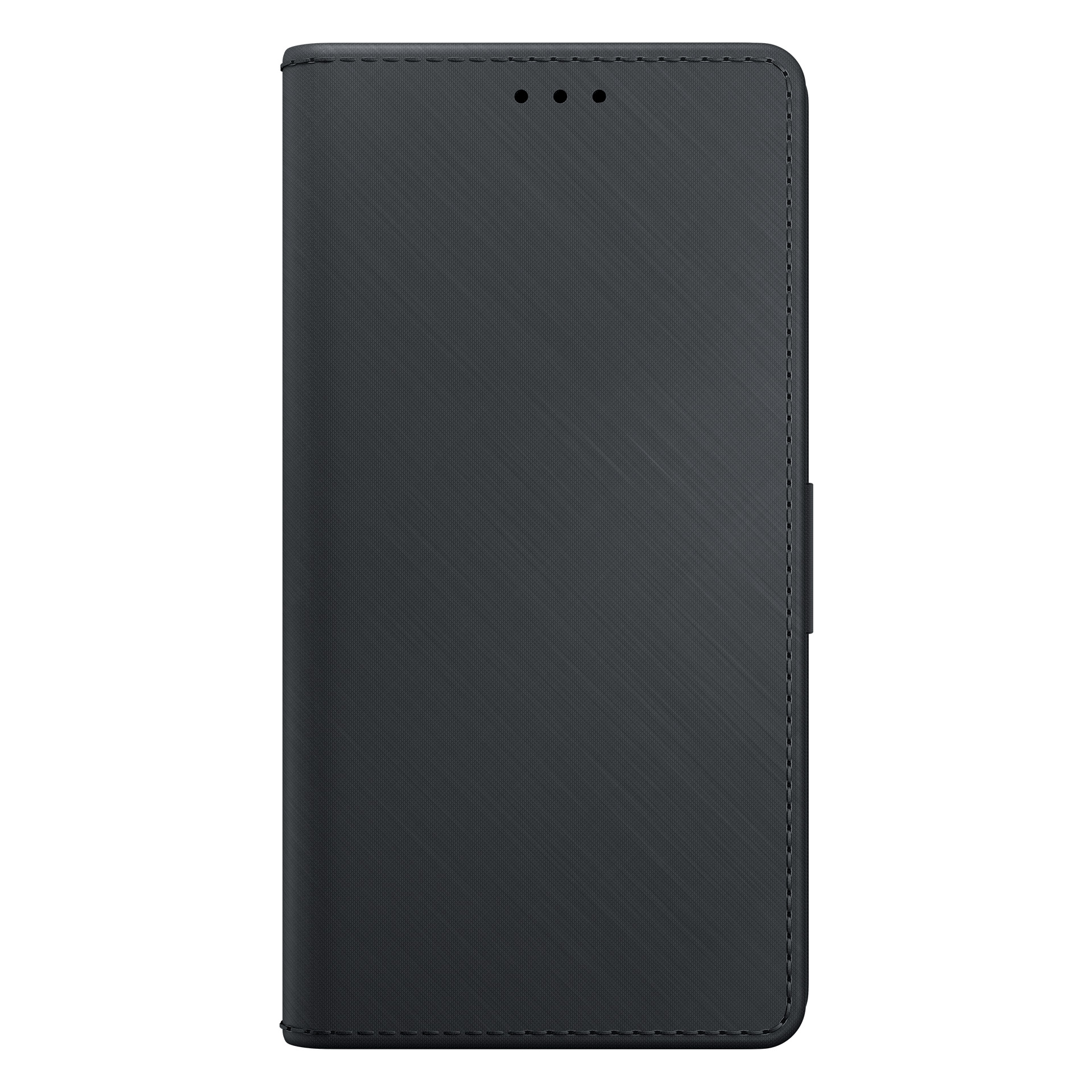 Czarne etui na telefon z teksturowaną powierzchnią, trzema małymi otworami u góry. Posiada magnetyczne zapięcie.