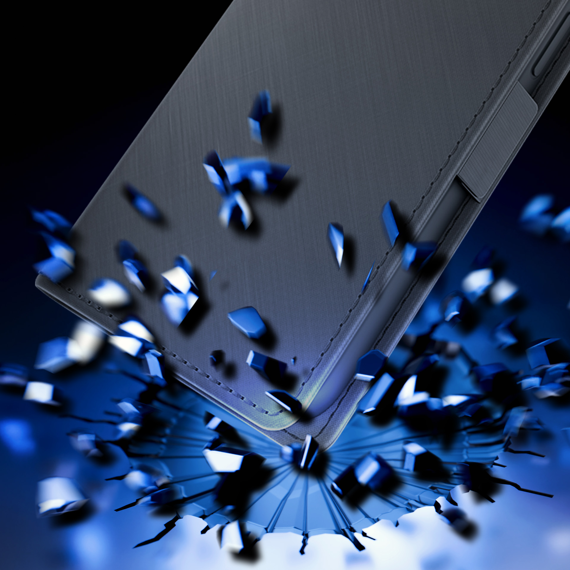 Ciemna, teksturowana powierzchnia rozpada się, uwalniając niebieskie odłamki. Widoczne kontrastujące niebieskie tło i ciemny obiekt.