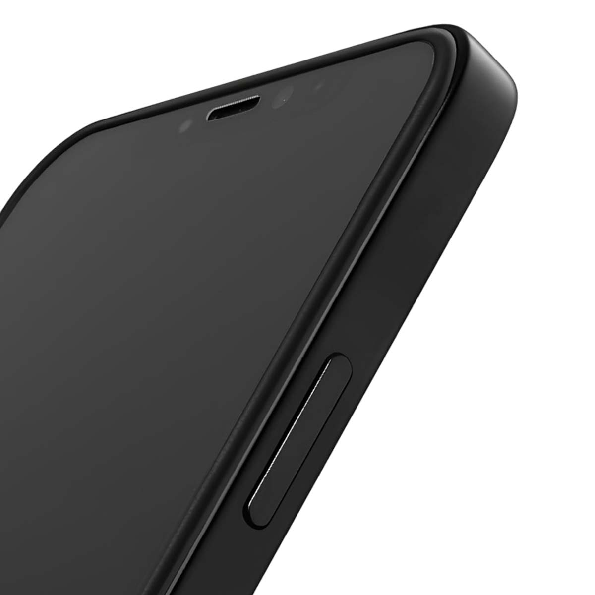 Close-up van een zwarte smartphone. Het scherm is zichtbaar met een zwarte rand. Aan/uit-knop aan de zijkant, camera en sensoren bovenaan.