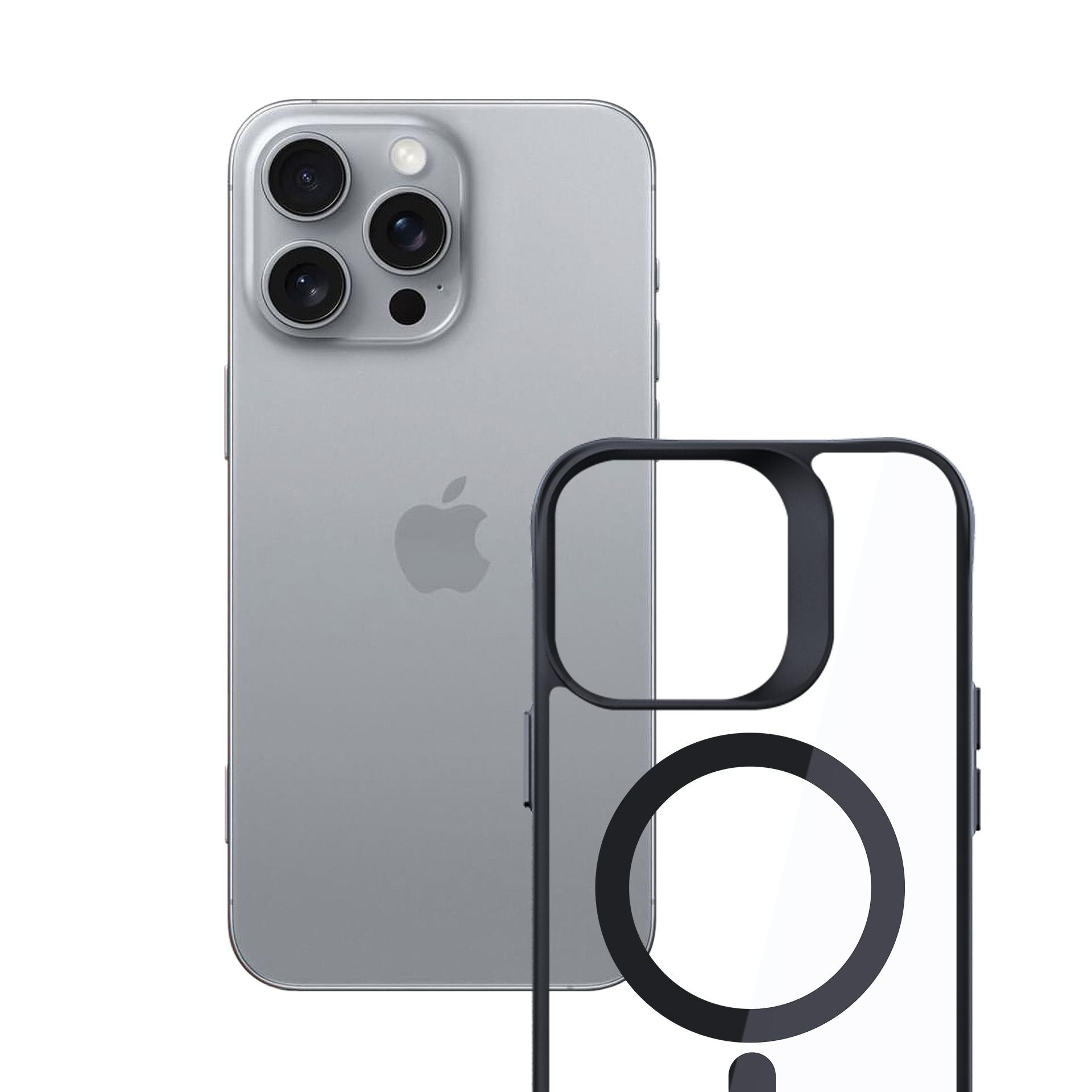 Srebrny iPhone z etui ochronnym. Telefon ma trzy aparaty i logo Apple. Etui jest przezroczyste.