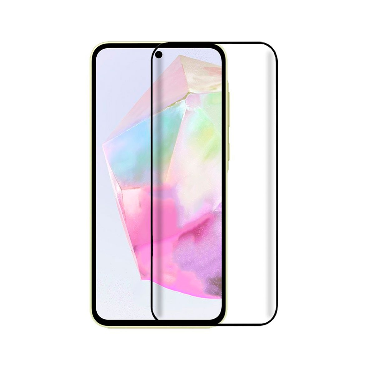 Un proteggi schermo per telefono con un design astratto e colorato all'interno. Un protettore trasparente è accanto.