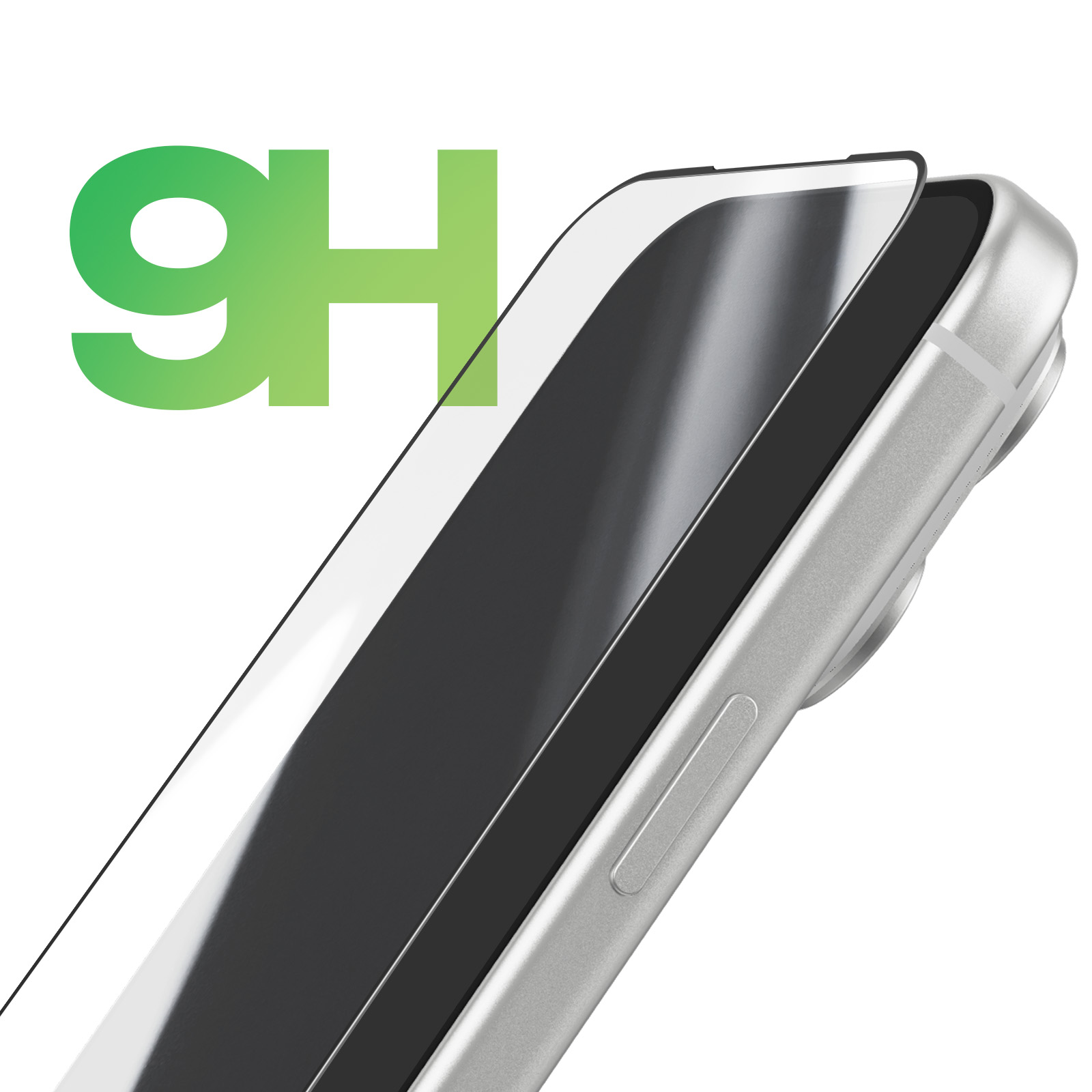 A phone with a screen protector. Green 9H text is at the top left. The phone is silver, screen is black.