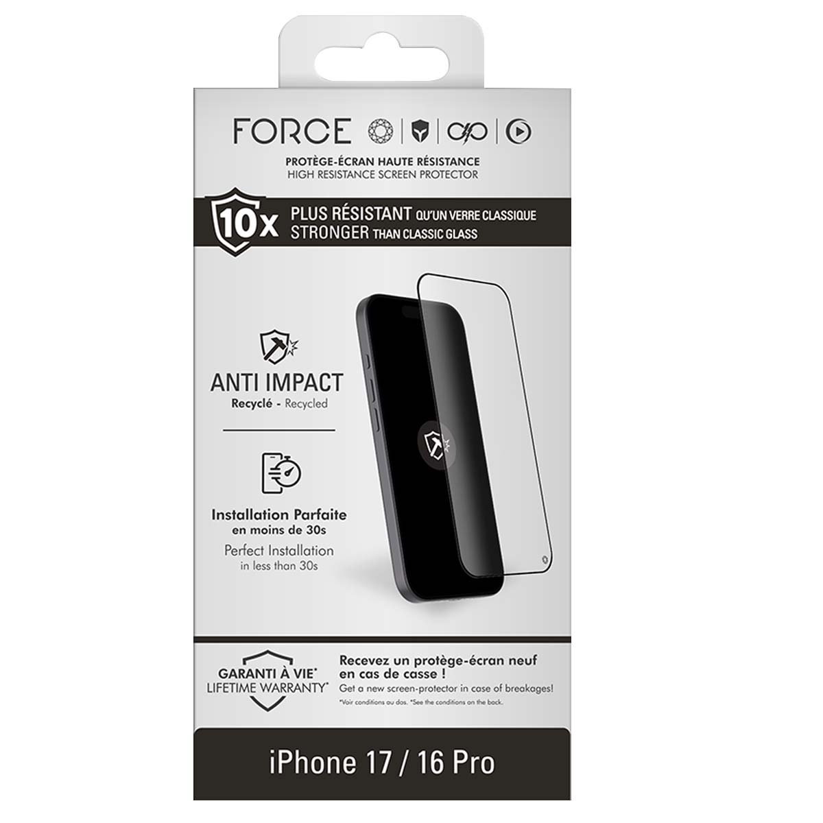 Verpakking voor een schermbeschermer. Een telefoon en een beschermer zijn zichtbaar. Tekst bevat 'Anti Impact' en 'iPhone 17/16 Pro'.