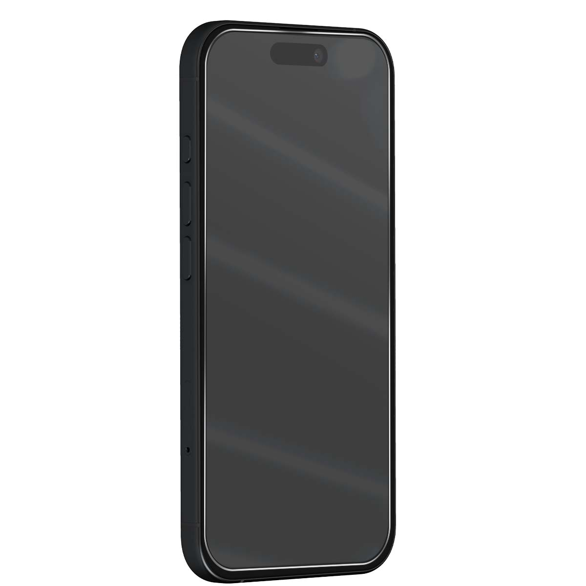 Een moderne smartphone met zwart scherm. De telefoon heeft een zwart frame, zijknoppen en een camera aan de voorkant.