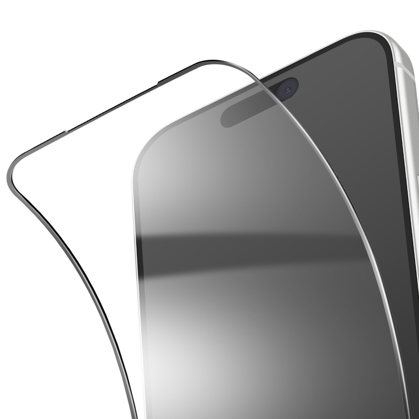 A smartphone with a screen protector applied. The phone is silver, the protector is transparent.