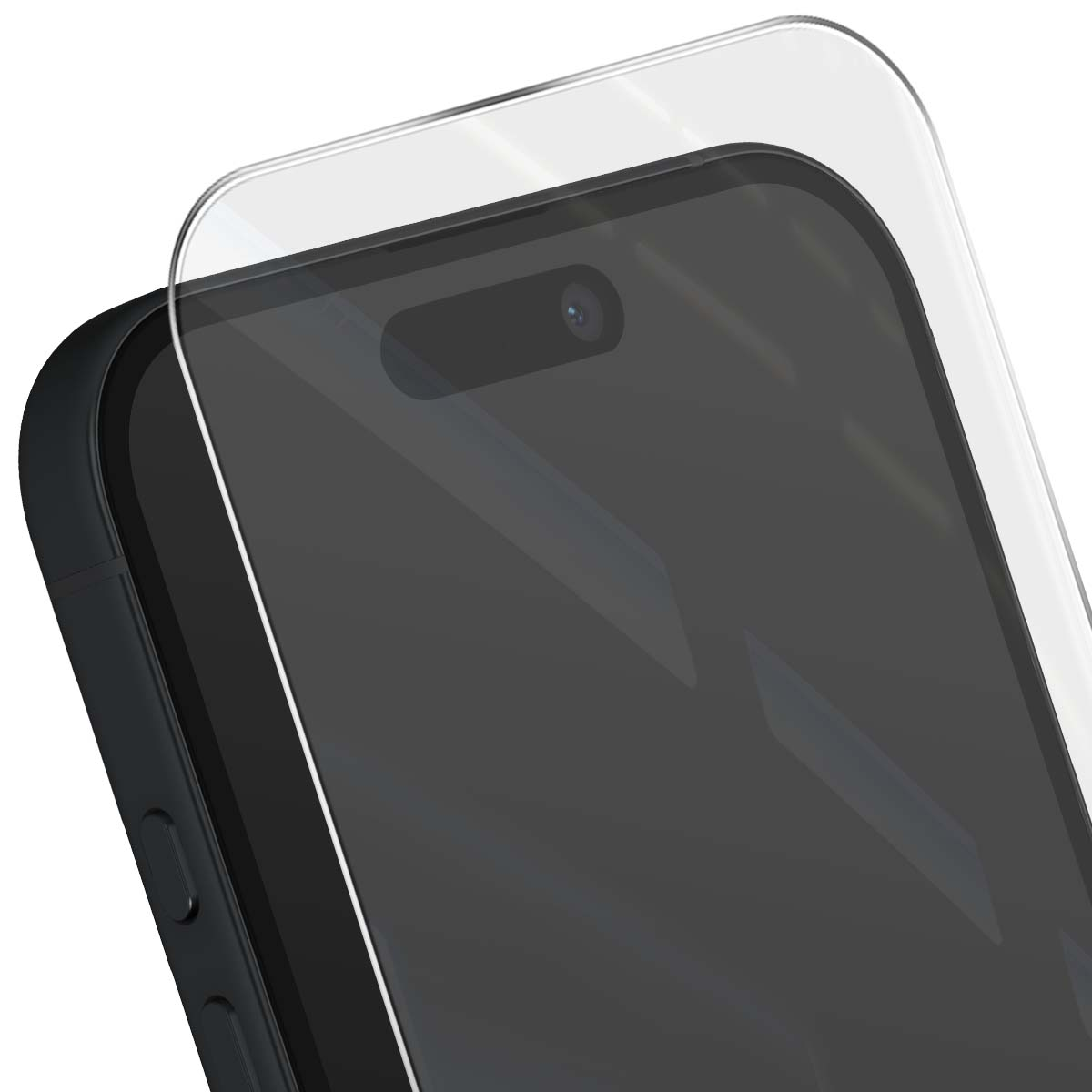 Close-up van een zwarte smartphone met een heldere schermbeschermer. Het scherm heeft een camera en een zwart frame.