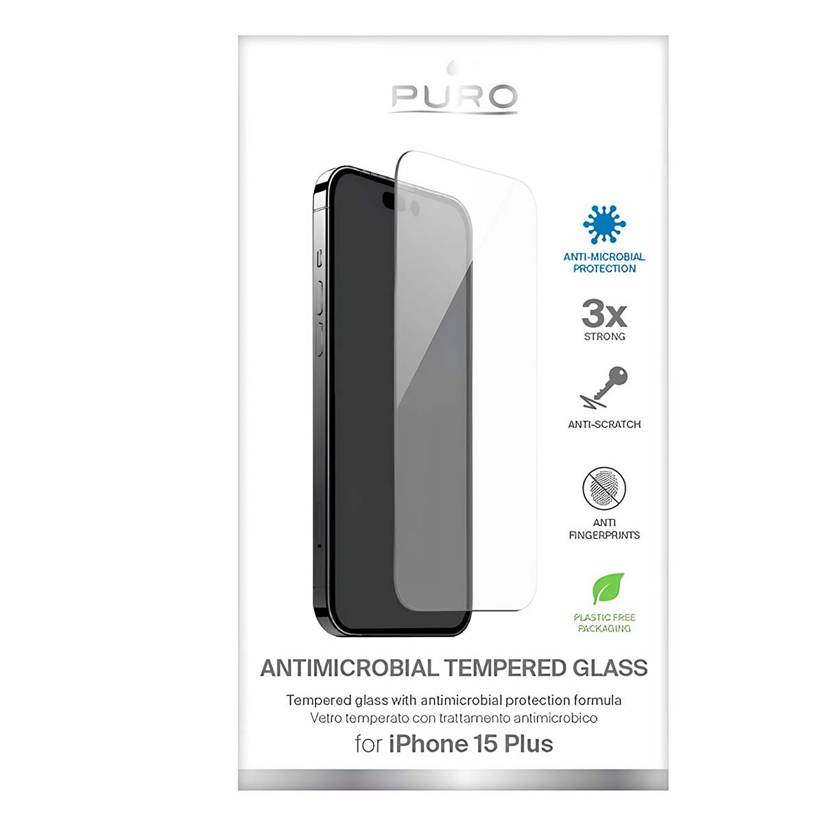 Un telefono e una protezione schermo su una confezione bianca. Il testo include 'Vetro Temperato Antimicrobico' e 'per iPhone 15 Plus'.