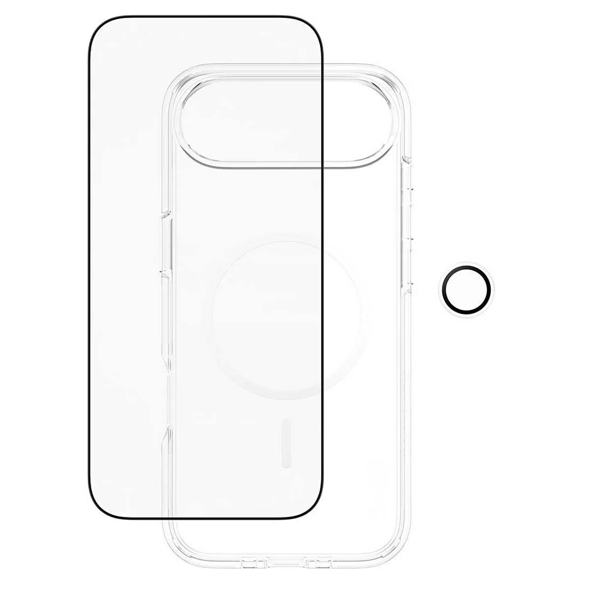 Une coque de téléphone transparente avec un protecteur d'écran et un anneau noir séparé. Tous les éléments sont transparents.