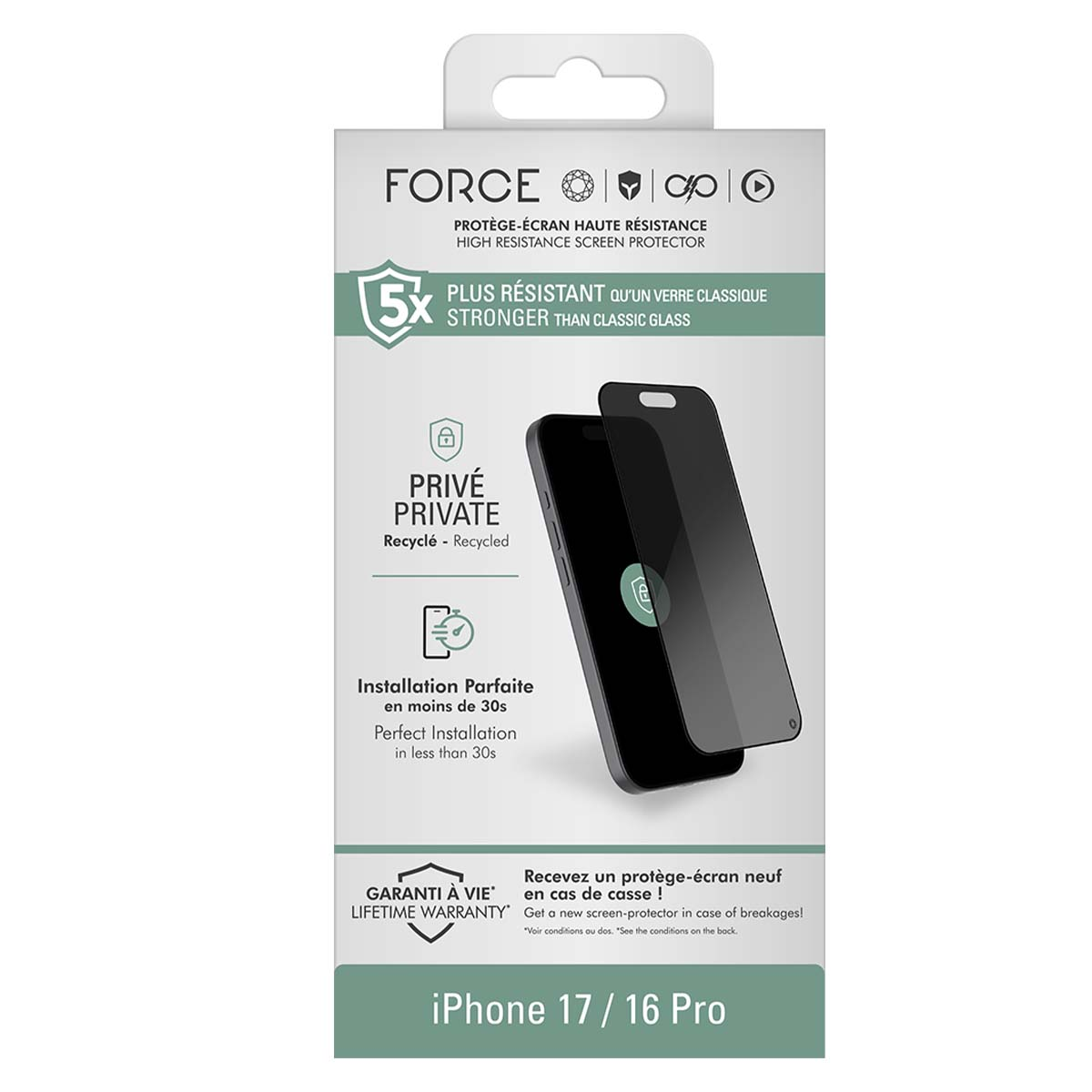 Une boîte de protection d'écran pour téléphone. Il est écrit 'Force' et 'iPhone 17/16 Pro'. La protection est montrée sur un téléphone noir.