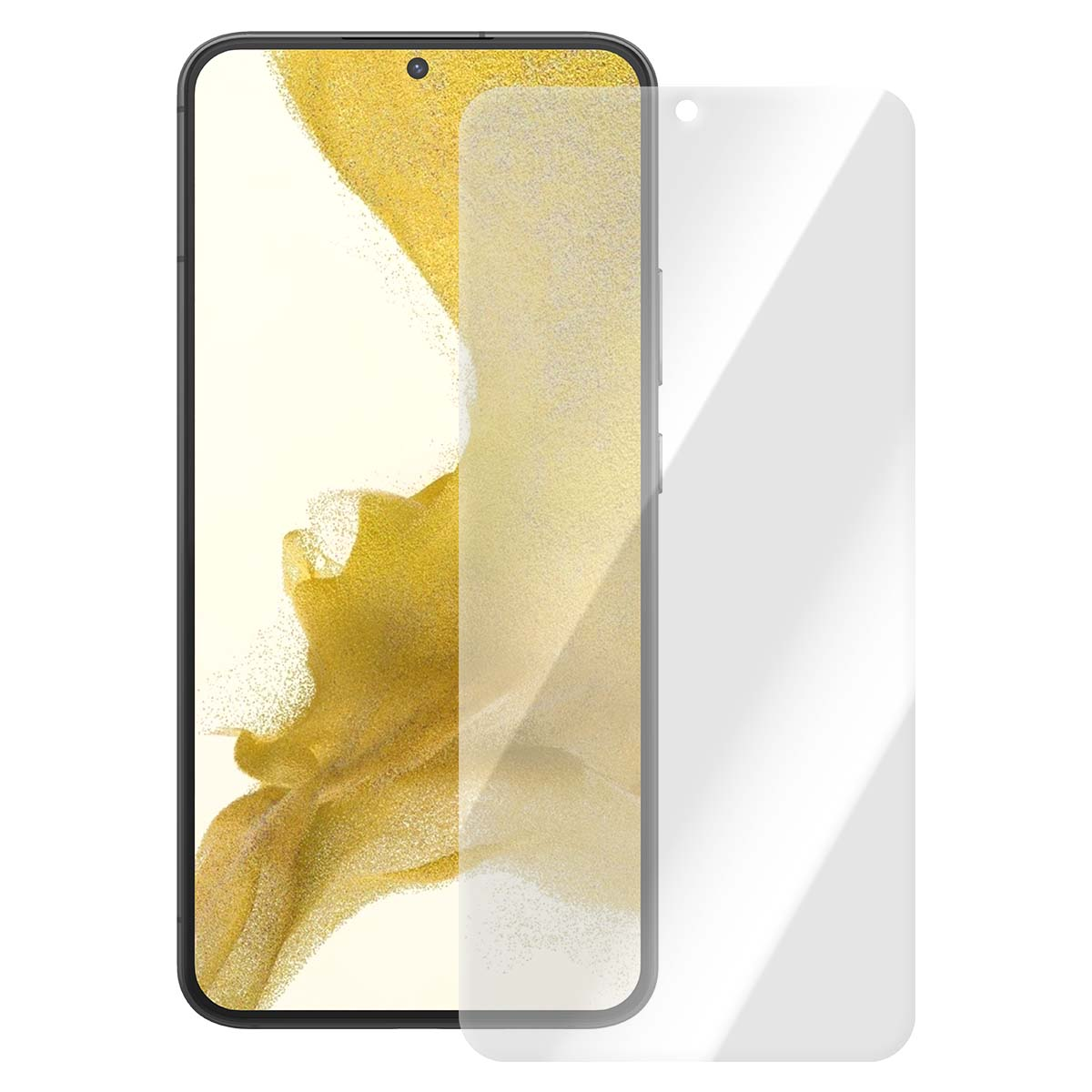 Een smartphone met een schermbeschermer. De telefoon heeft een zwart frame, en het scherm toont een gouden patroon.